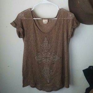 Daytrip bronze rhinestone cross southwestern top S